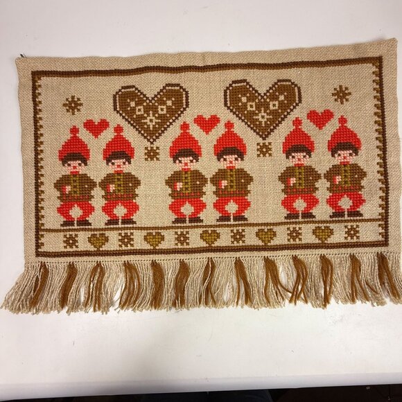 Swedish Cross Stitch Christmas Tapestry Wall Hanging Red Gingerbread Hearts Elf - Picture 2 of 4